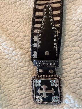 Western Zebra Print Leather Belt with Rhinestone Cross Buckle